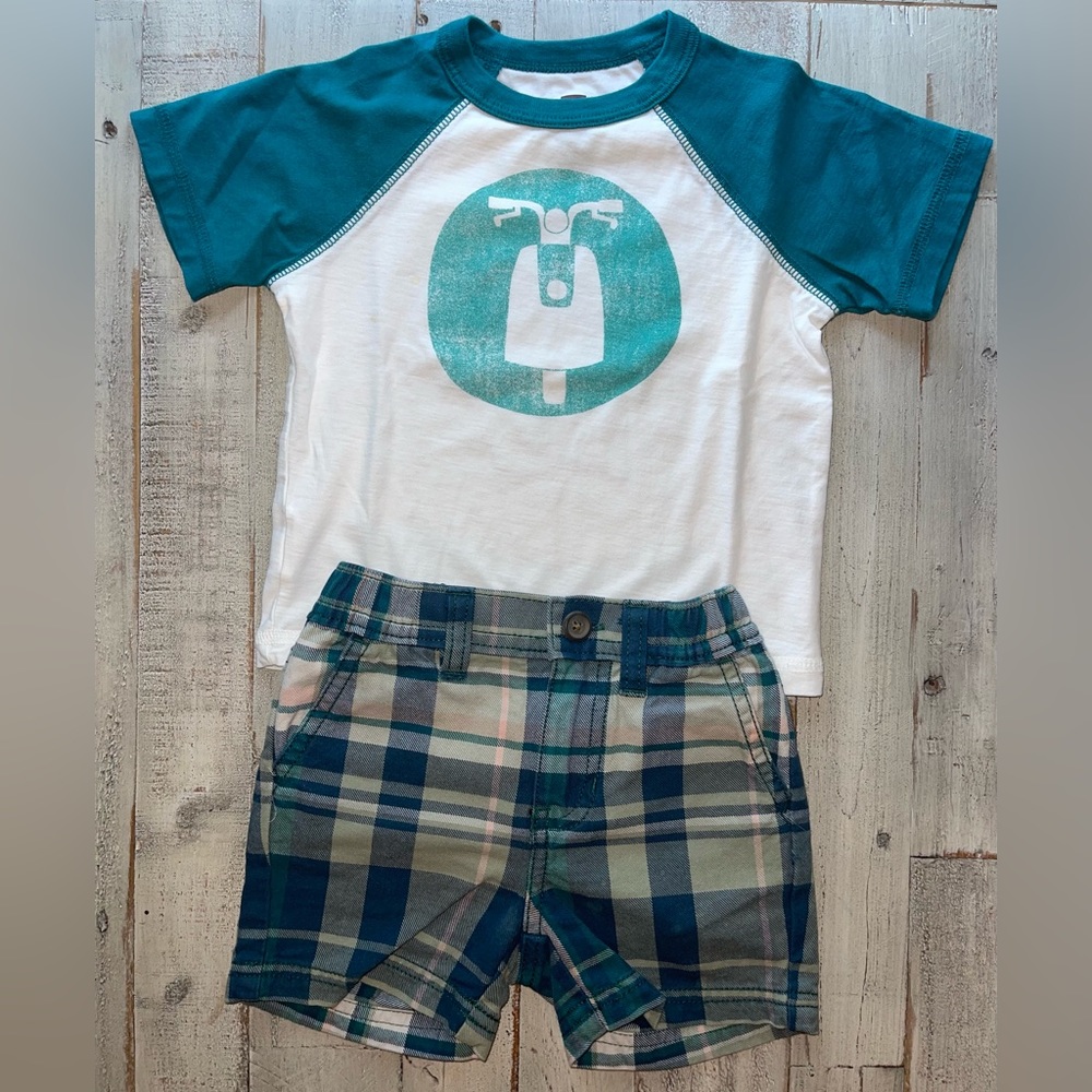 Tea Collection ringer tee shirt and plaid shorts 12/18 months both EUC